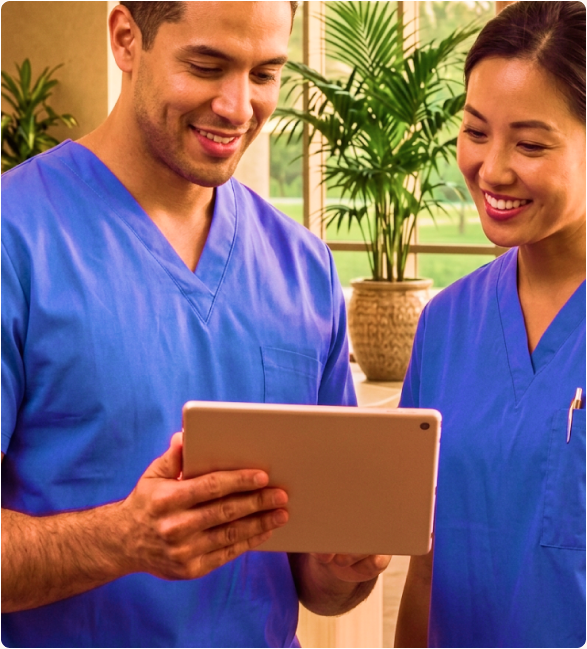 Two clinicians reviewing a patient care plan
